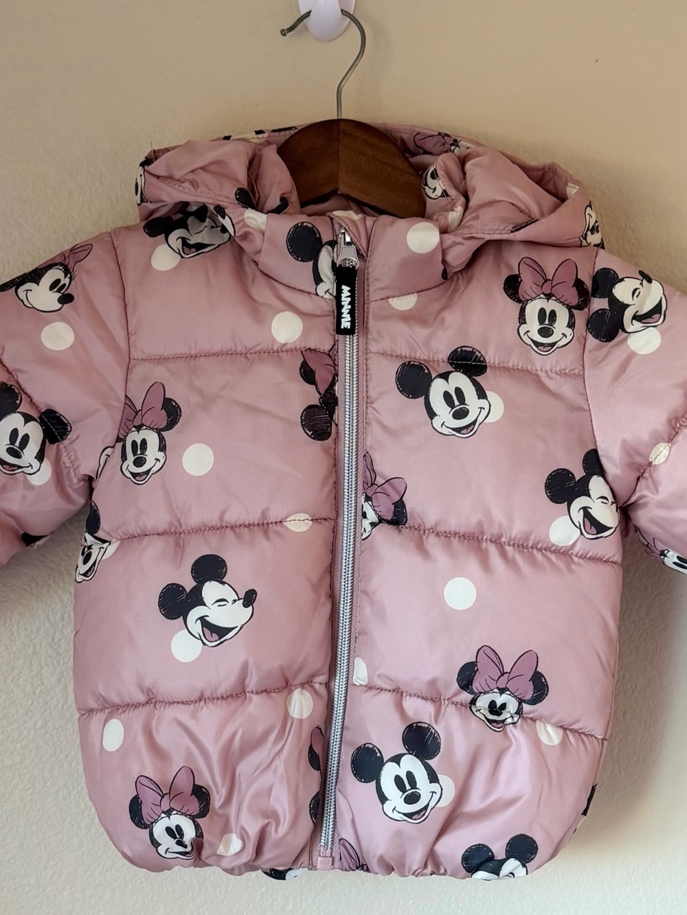 Disney x H&M Pink Minnie Mouse Puffer Jacket With Removable Hood Size 12 Months